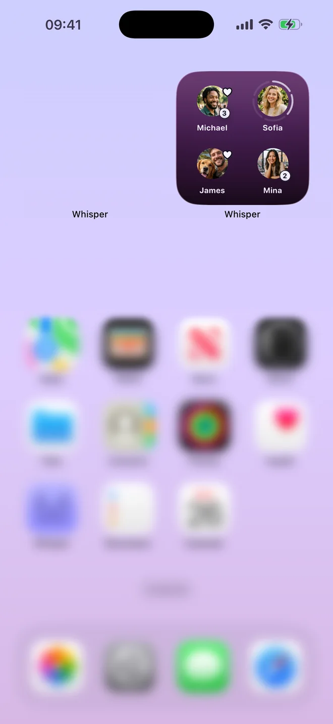 An iPhone Home Screen with two Whisper widgets in focus: one playing the photo, voice note and video Emma sent, the other four people in a grid. The rest of the screen is blurred.